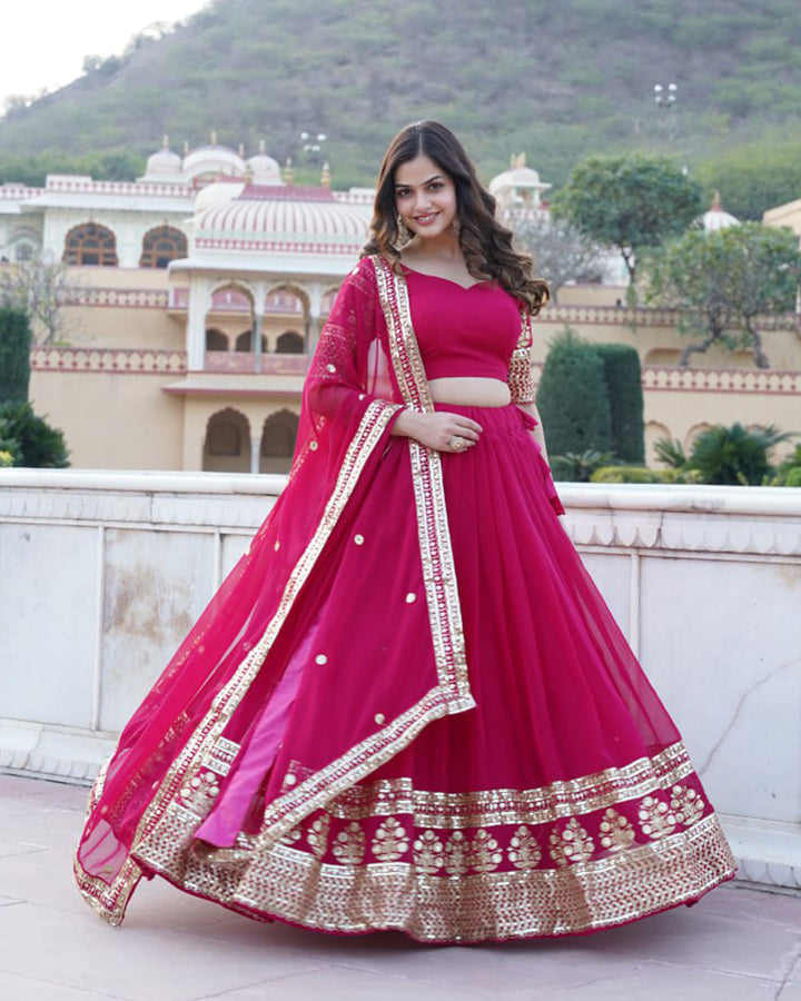 Designer Pink Color Faux Blooming Semi stitched Lehenga Choli