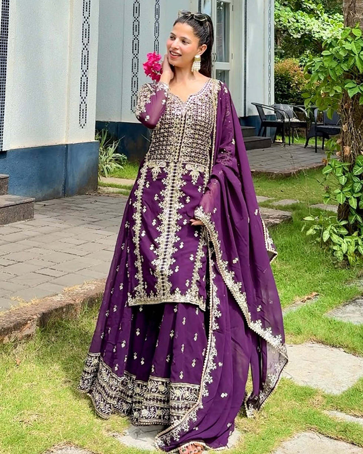 Wine Color Faux Georgette Embroidered Sharara Suit