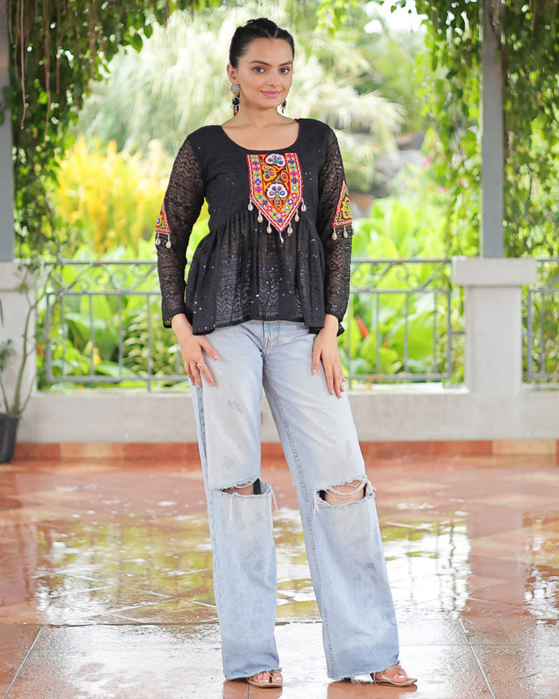 Black Color Georgette Schiffli Work Navratri Kediya