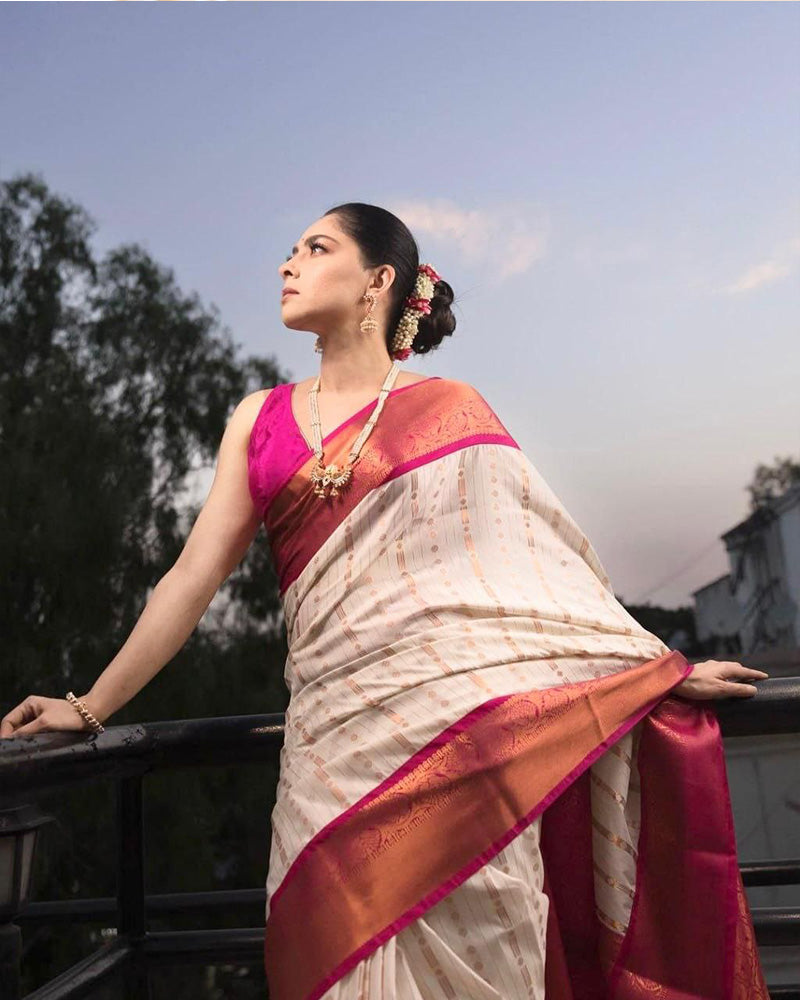 Pink And white Banarasi Soft Silk Saree