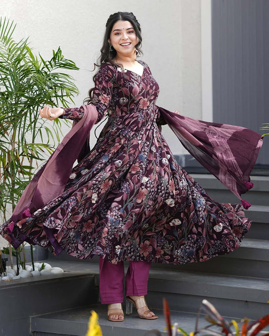 Wine Color Rayon Floral Print Three Piece Anarkali Suit