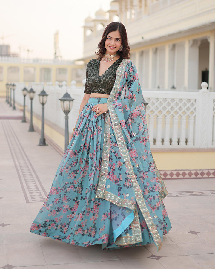 Sky Blue Color Russian Silk Digital Printed Lehenga Choli