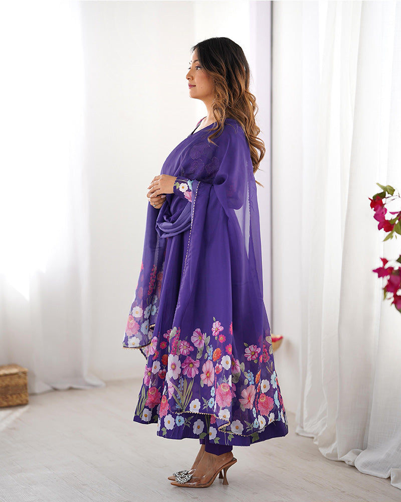 Purple Color Floral Print Organza Three Piece Anarkali Suit