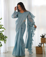 Sky Blue Color Soft Organza Pre Drapped Saree