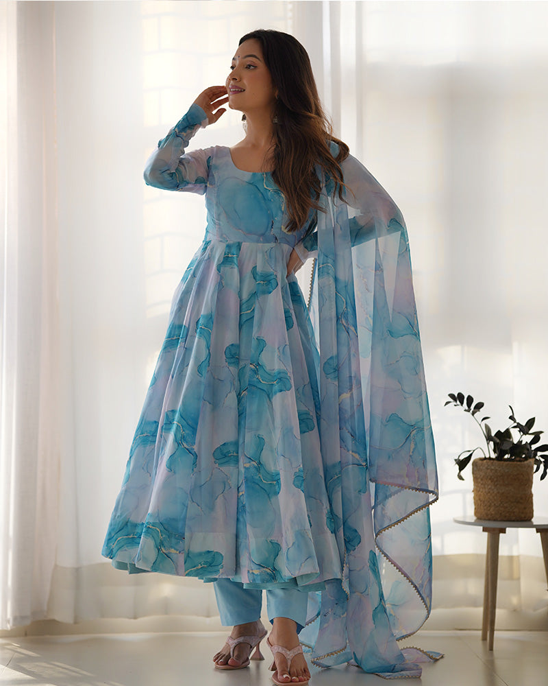 Sky Blue Color Pure Soft Organza Three Piece Anarkali Suit