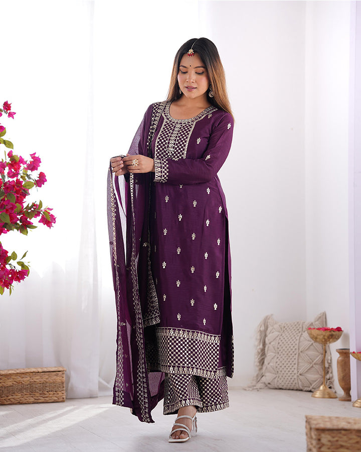 Wine Color Chinon Silk Three Piece Kurti Suit