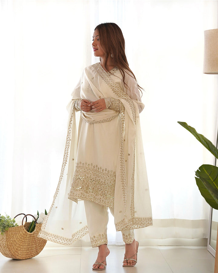 White Color Chinon Silk Three Piece Kurti Suit