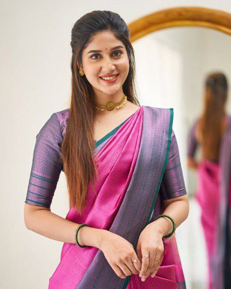 Pink Soft Banarasi Silk Saree With Exclusive Jacquard Border