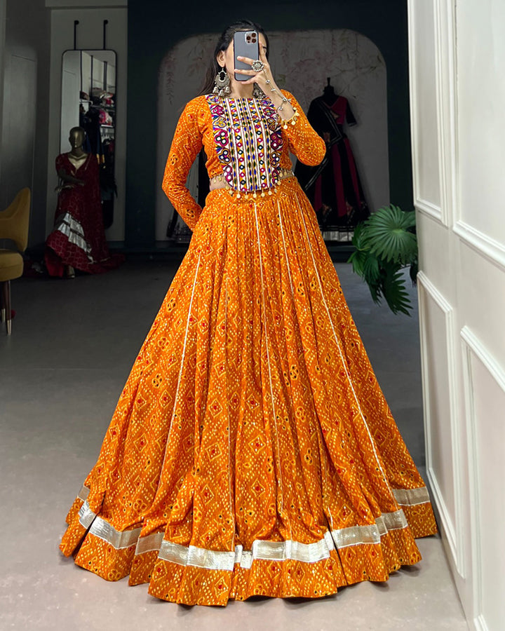 Mustard Color Rayon Bandhej Print Navratri Lehenga Choli