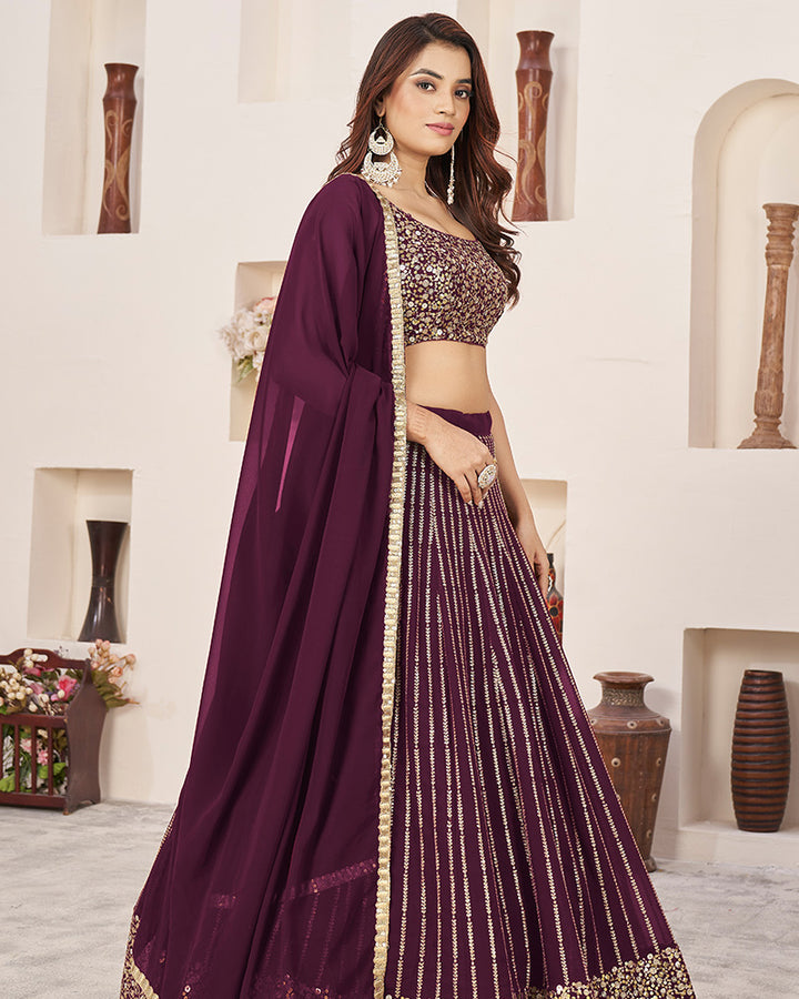 Wine Color Georgette Embroidered Semi Stitched Lehenga Choli