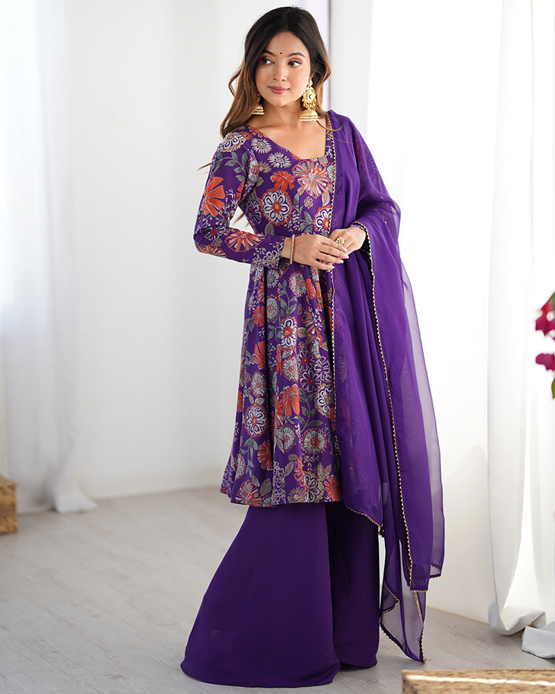 Purple Color Roman Silk Discharge Printed Plazzo Suit