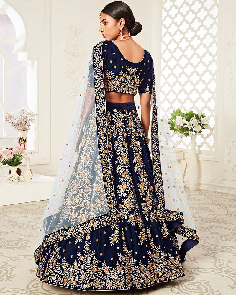 Navy Blue Color Pure Velvet Embroidered Lehenga Choli