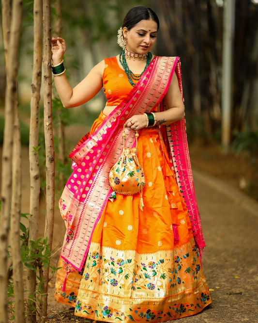 Designer Orange Color Jacquard Paithani silk Half Saree