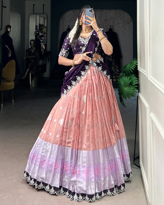 Peach Color Zari Kota Embroidered Half Saree