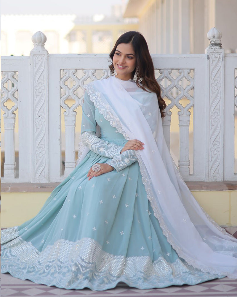 Exclusive Pista Color Georgette Gown With Dupatta