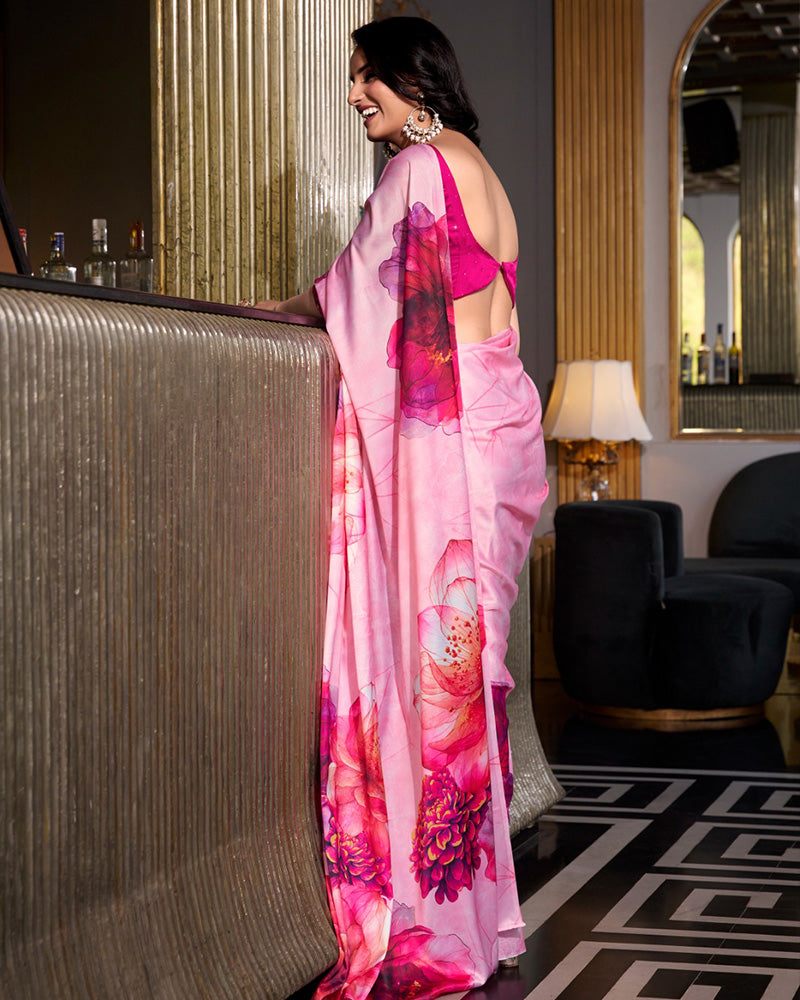 Light Pink Color Satin Silk Printed Saree