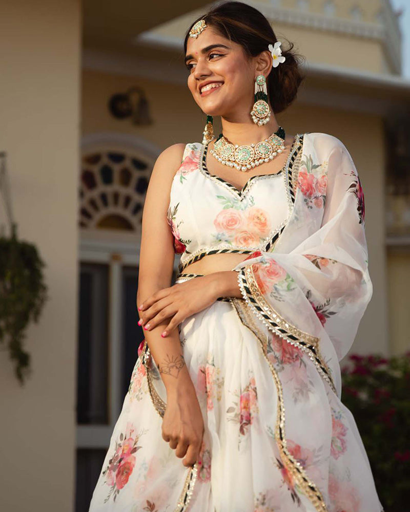 White Color Floral Print Soft Organza Lehenga Choli