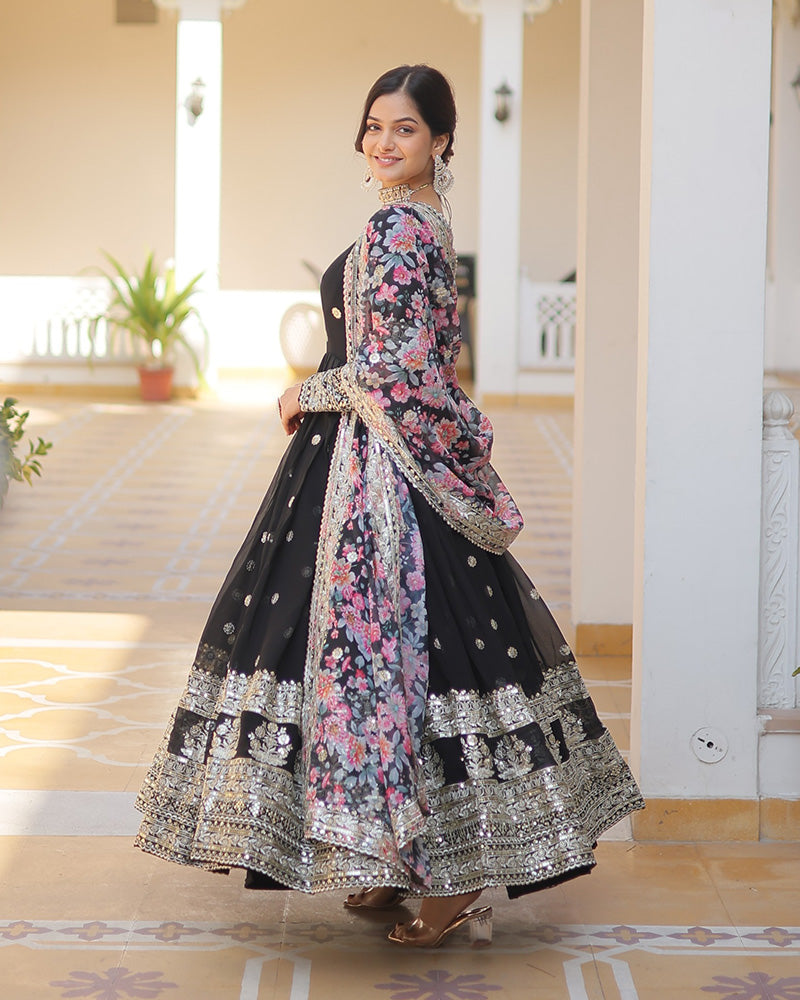 Black Color Faux Georgette Designer Gown With Dupatta