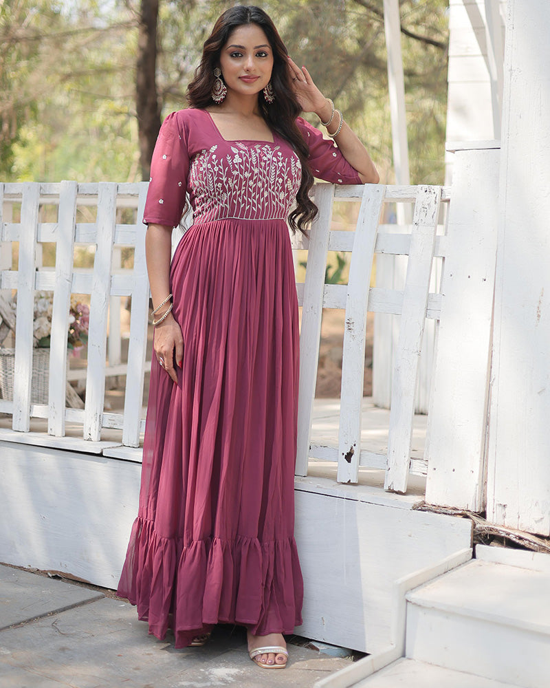Dark Dusty Color Faux Georgette Embroidered Anarkali Gown