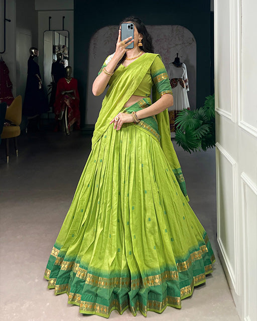 Elegant Parrot Green Chanderi cotton half saree lehenga choli