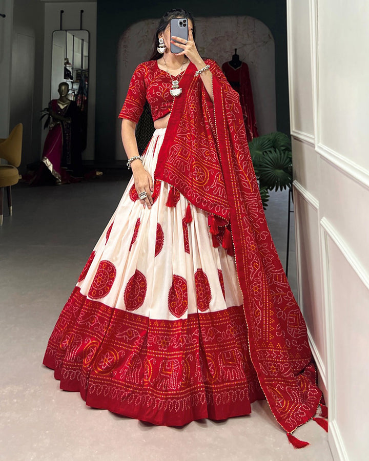 Red Color Tussar Silk Bandhej Printed Lehenga Choli