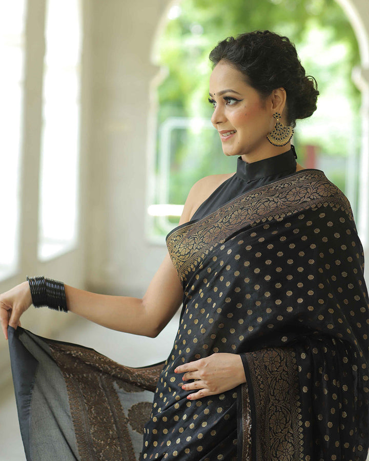 Black Color Banarasi Jacquard Soft Silk Saree