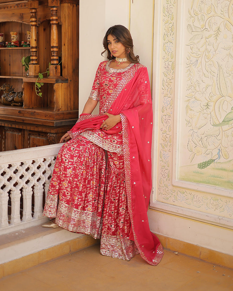 Rani Pink Color Viscose Jacquard Three Piece Gharara Suit