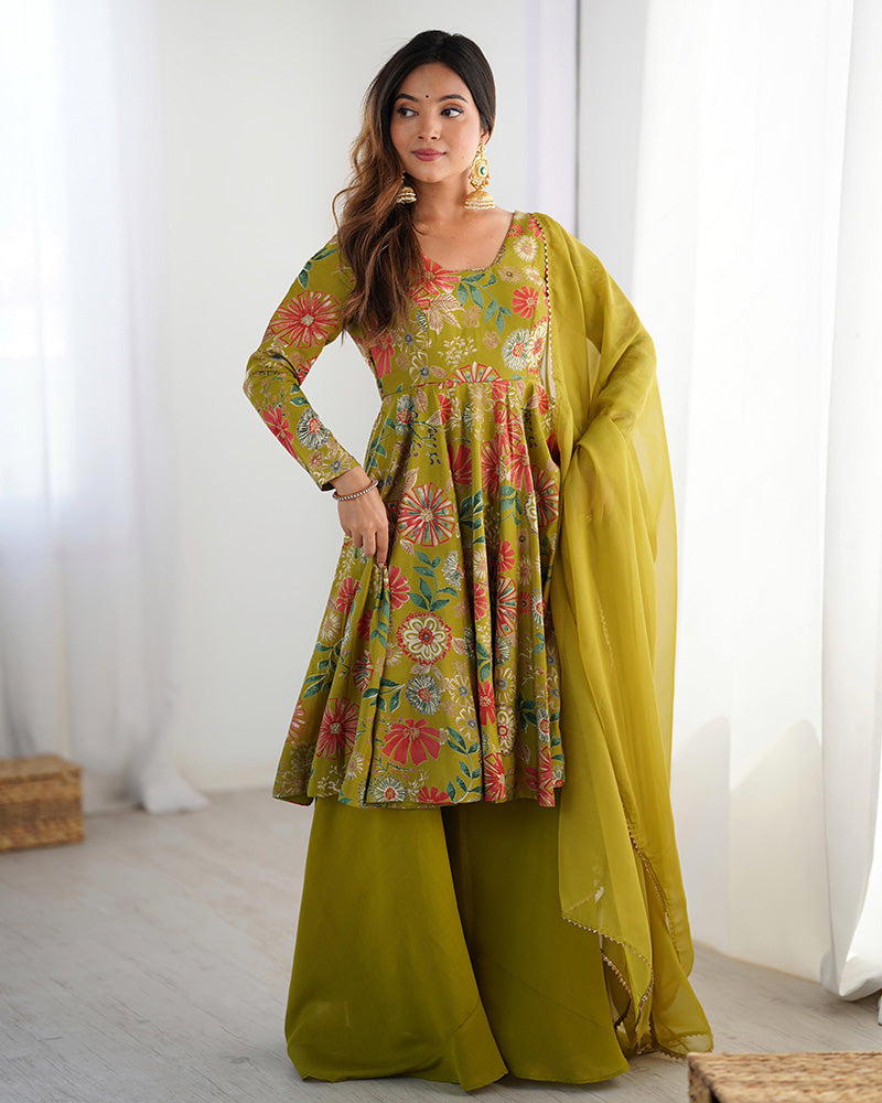 Mehndi Color Roman Silk Discharge Printed Plazzo Suit