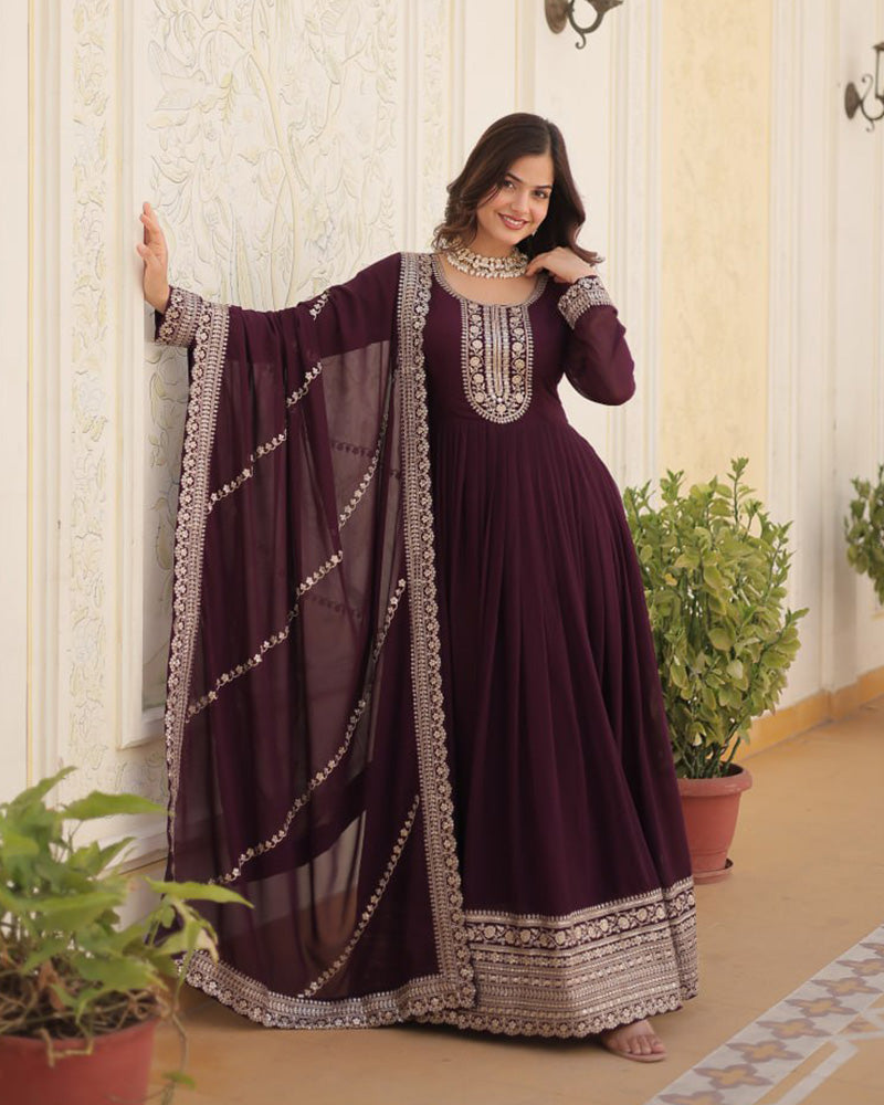 Wine Color Faux Blooming Rich Sequence Embroidered Gown