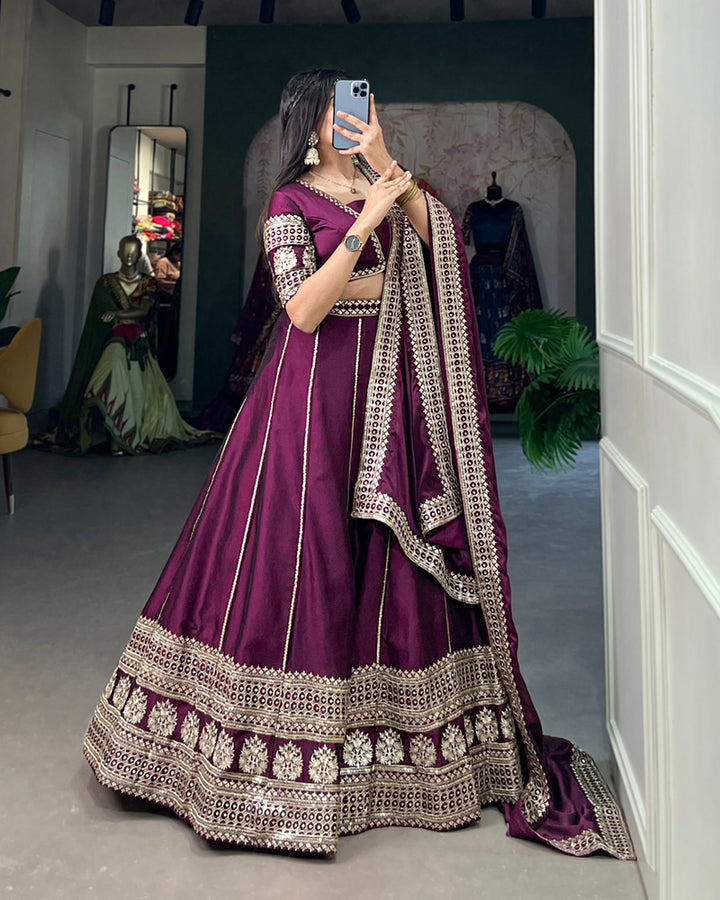 Wine Color Rangoli Silk Embroidered Lehenga Choli