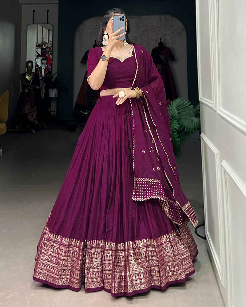 Wine Color Pure Chanderi Plain Navratri Lehenga Choli