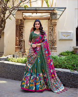 Mehndi Color Tussar Silk Kalamkari Printed Half Saree