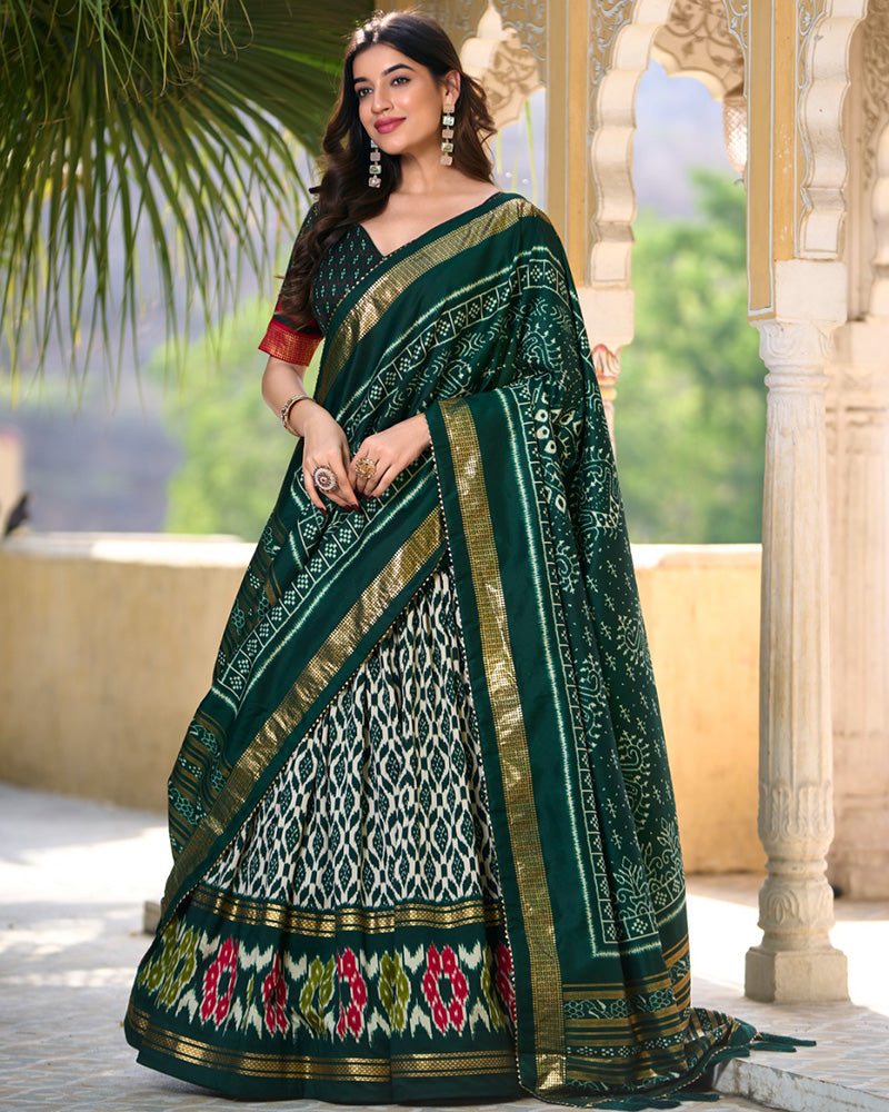 Green Color Tussar Silk Ikkat Printed Lehenga Choli