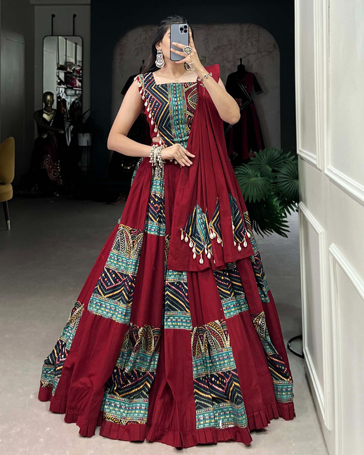 Maroon Color Cotton Foil Printed Navratri Lehenga Choli