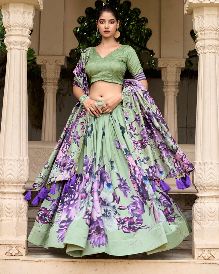 Pista Color Tussar Silk Floral Printed Lehenga Choli