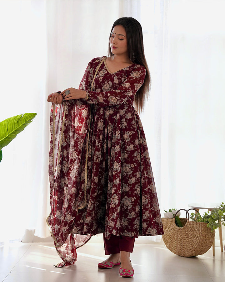 Dark Maroon Color Georgette Three Piece Anarkali Suit