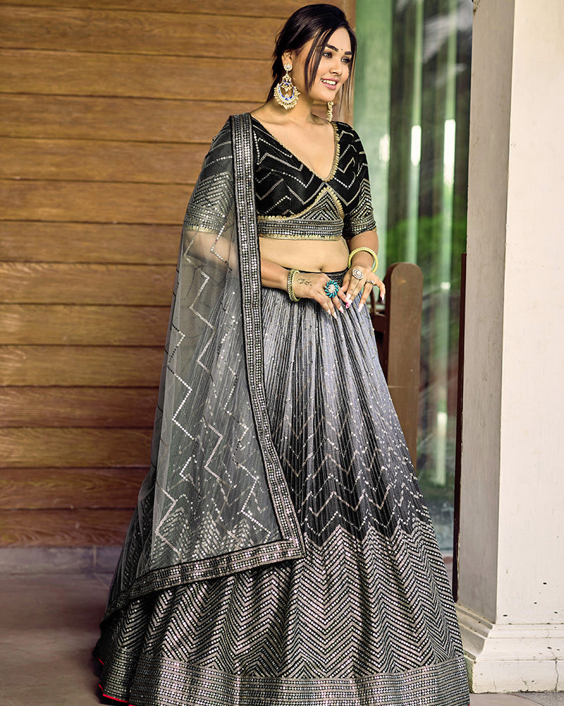 Black Color Chinon Embroidered Lehenga Choli