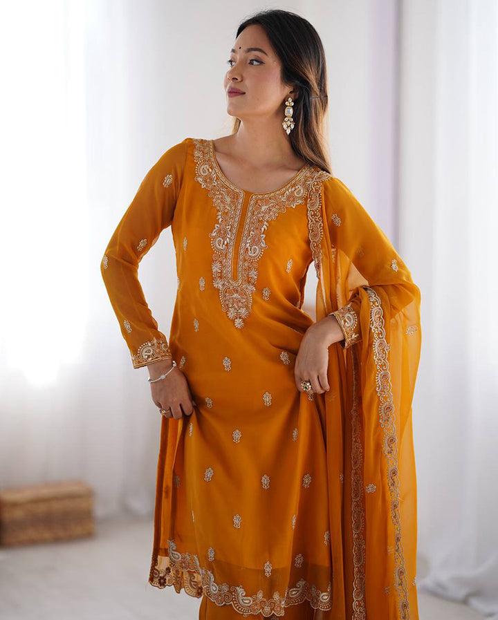 Yellow Color Faux Georgette Three Piece Kurti Suit