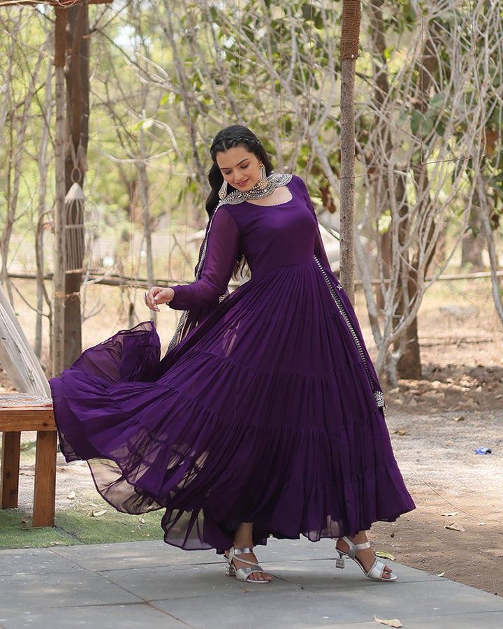 Purple Color Designer Embroidered Gown With Dupatta