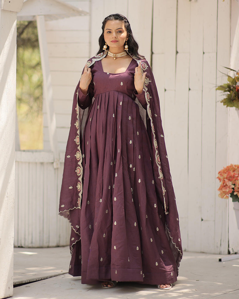 Onion Color Vichitra Shimmer Sequence Embroidered Gown