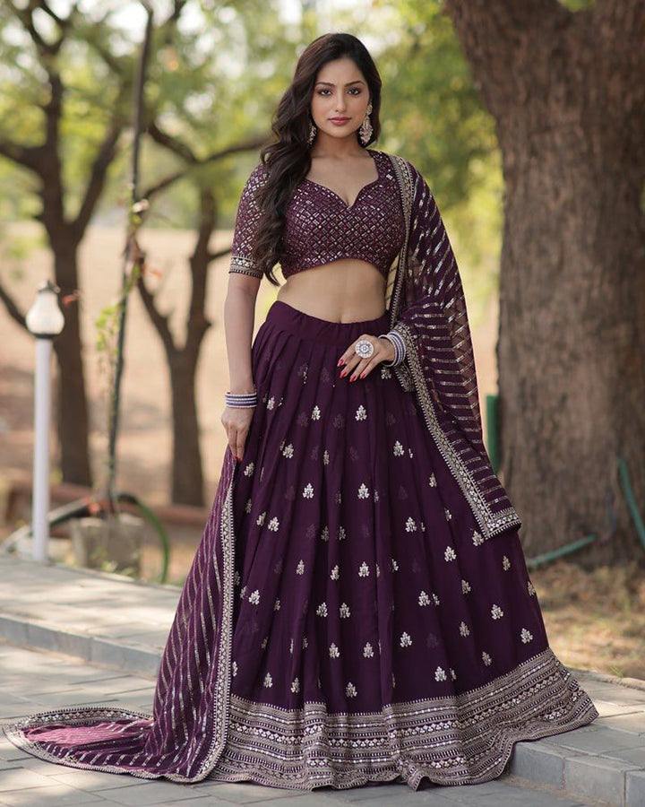 Wedding Wear Wine Color Blooming Lehenga Choli