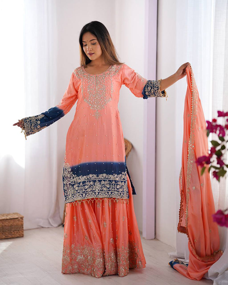 Peach Color Chinnon Sequence Work Plazzo Suit