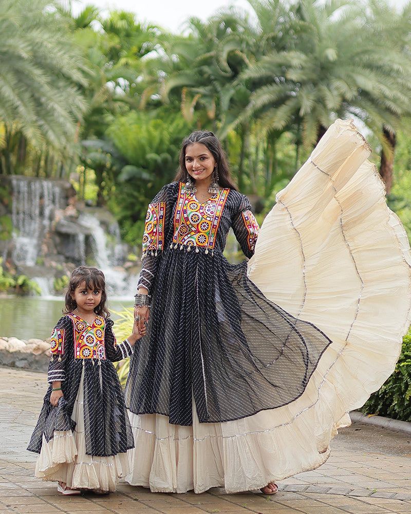 White Color Kora Cotton Lehenga With Black Kurti