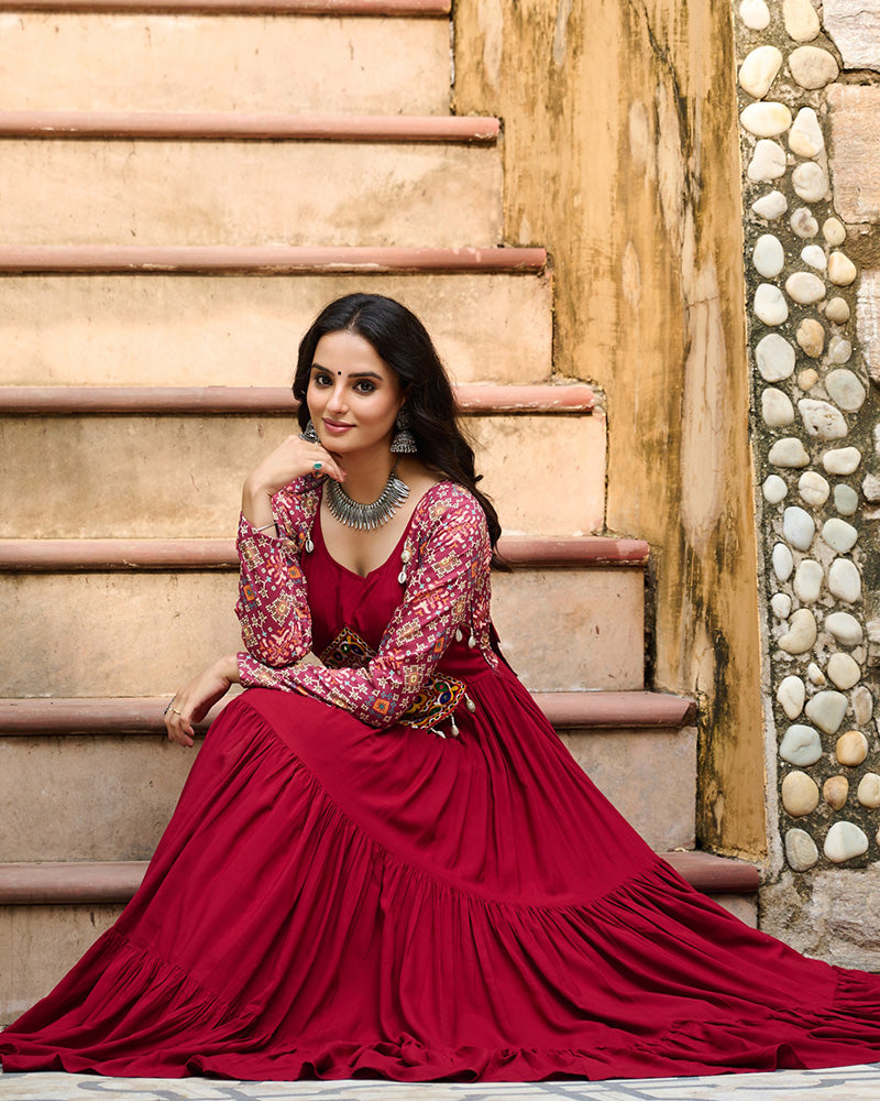 Classic Maroon Mirror Embroidered Rayon Gown For Navratri