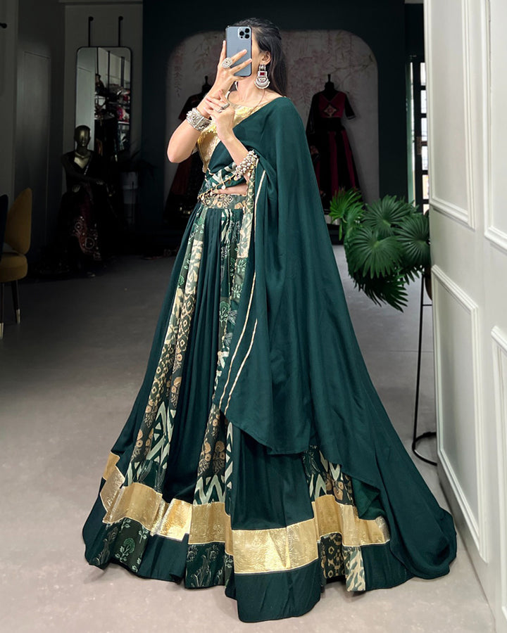 Green Color Rayon And Tussar Silk Navratri Lehenga Choli