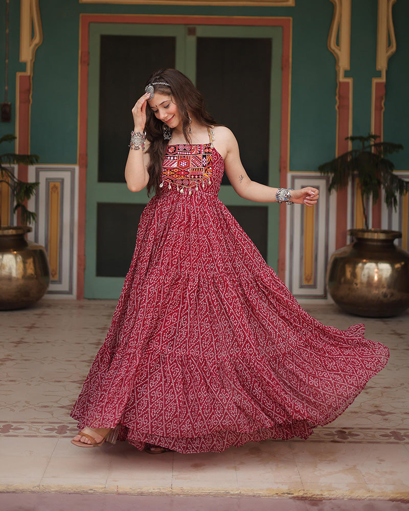 Maroon Color Georgette Bandhej Print Navratri Gown