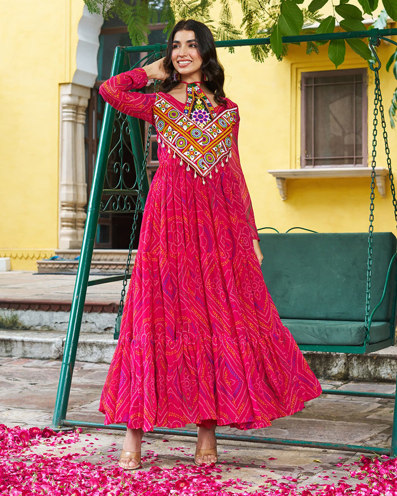 Festive Pink Ethnic Gown With Colorful Mirror Work