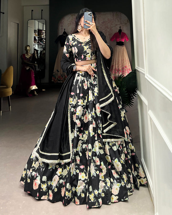 Black Color Tussar Silk Floral Printed Lehenga Choli