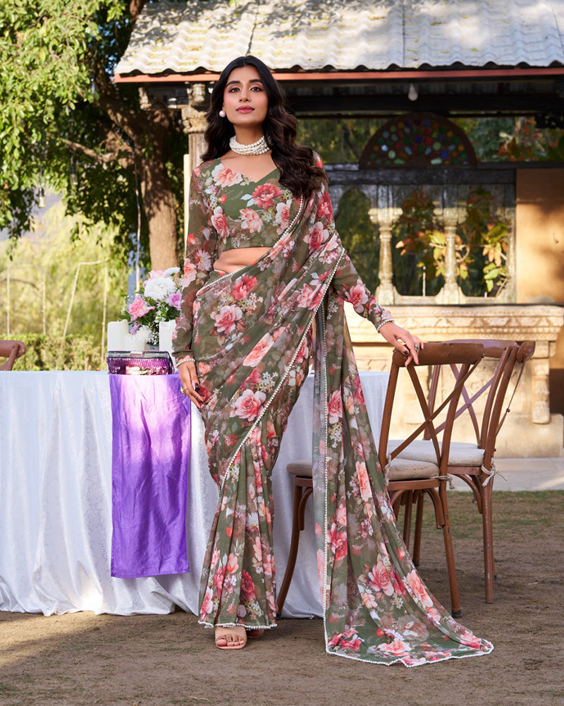 Mehndi Color Weightless Marble Saree