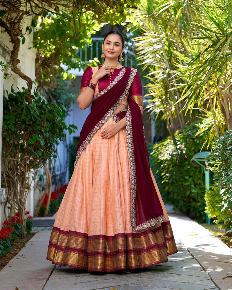 premium Peach Color Zari Chex Half Saree